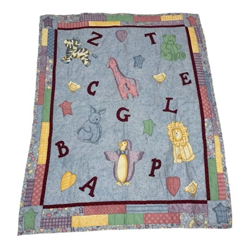 Vintage Handmade Quilted Baby Nursey Blanket Alphabet Animal Stars 33”x42 (0780)